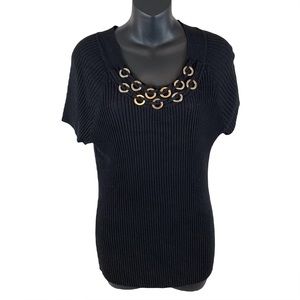 RQT Grommet neck Black ribbed stretch sweater, Size XL